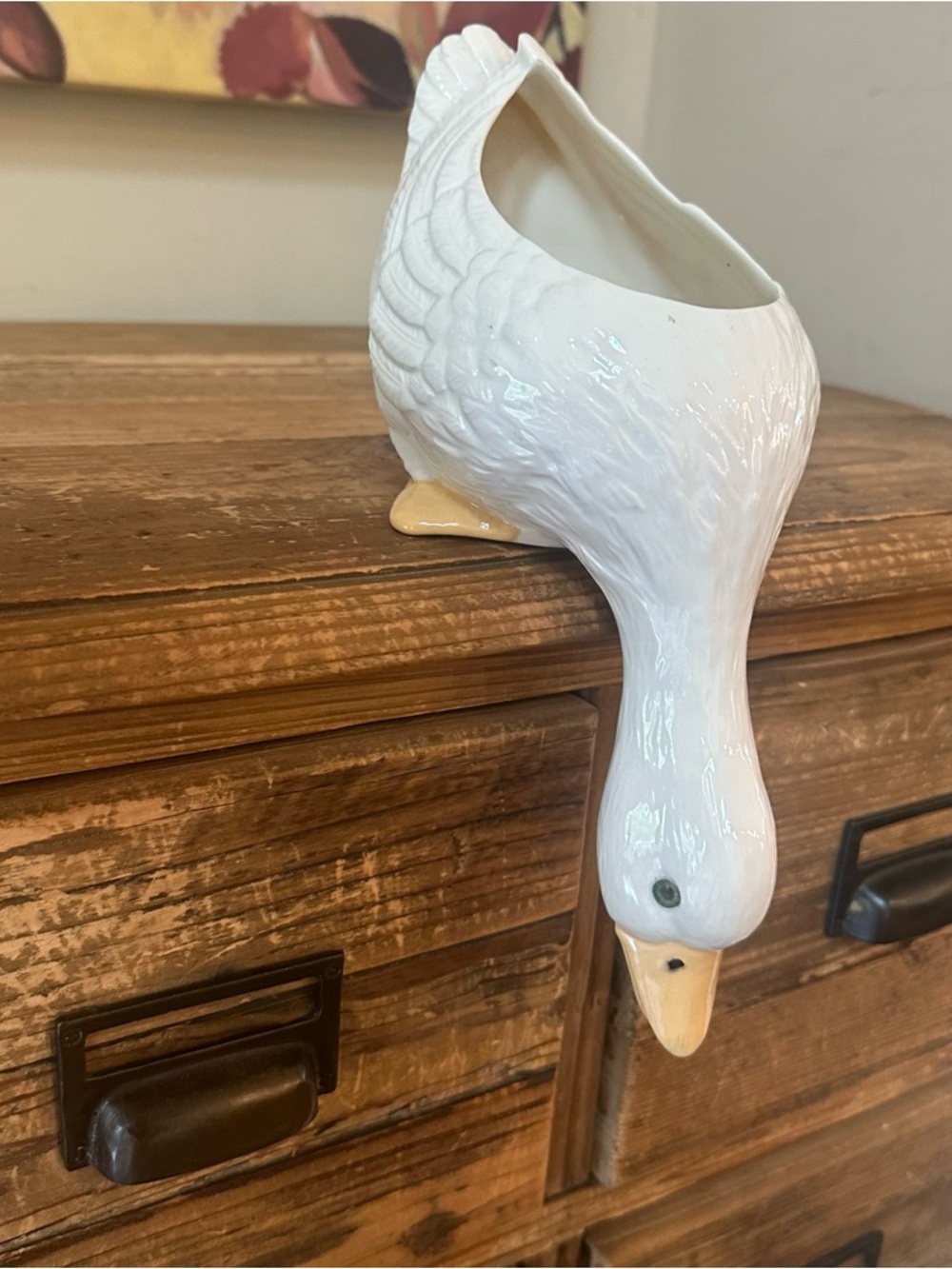 Vintage White Ceramic Goose Planter & Mini Duck Figurine Set Farmhouse Decor - Picture 2 of 11